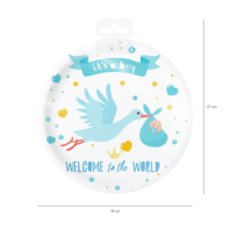 Papirnati krožniki Baby Shower modri štorklja, 18 cm, 6 kosov