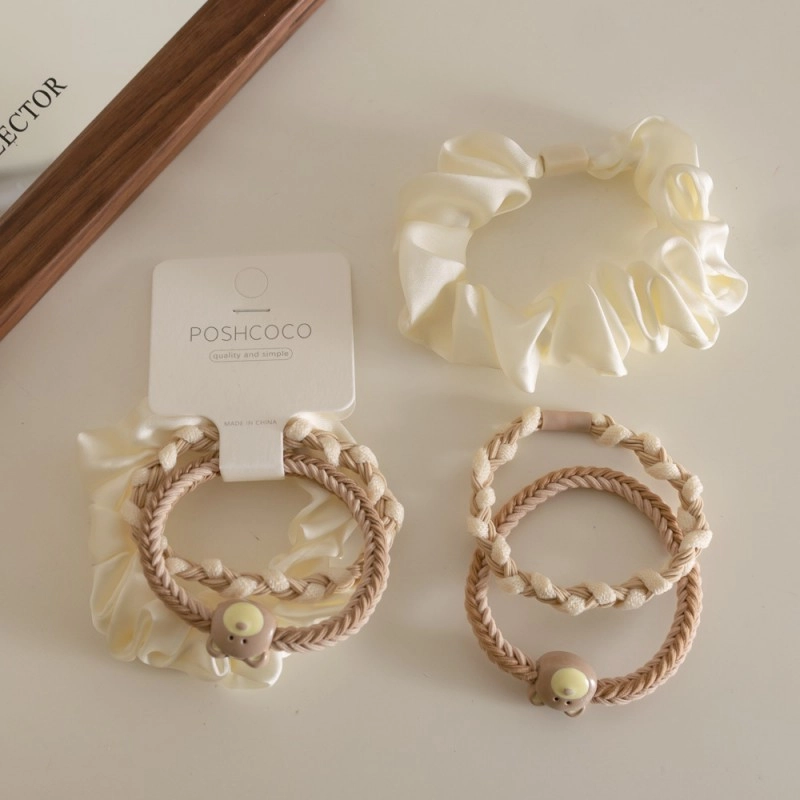 Sada 3 saténových gumičiek do vlasov, biela a hnedá