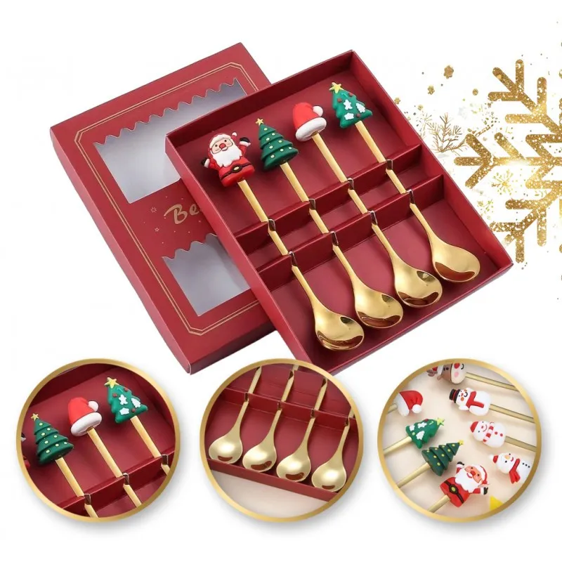 Sada lžiček s vánočními figurkami - zlaté 4 ks 