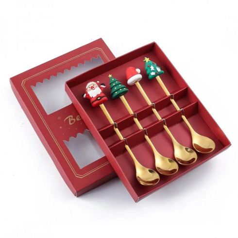 Sada lžiček s vánočními figurkami - zlaté 4 ks 