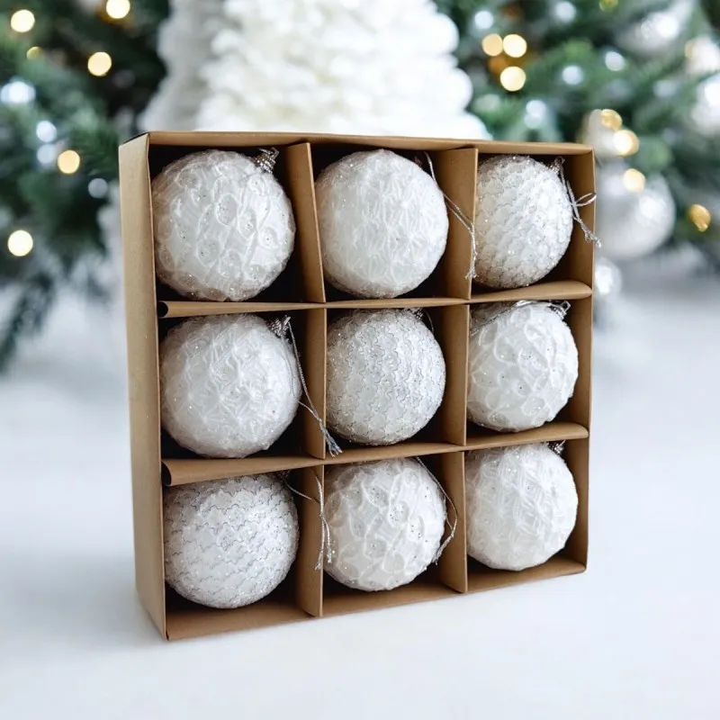 Sada vánočních zdobených koulí bílé 9 ks, průměr 7 cm