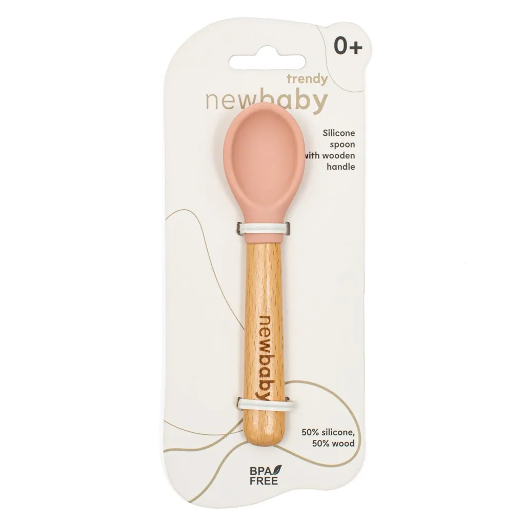 Silikonová lžička s dřevěnou rukojetí New baby - růžová