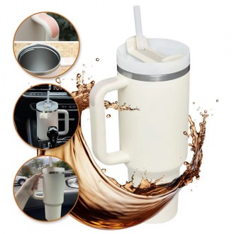 Termohrnček so slamkou 1L - veľký krémový