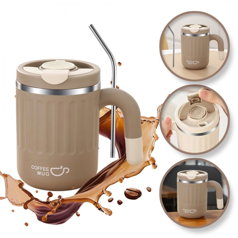 Termohrnček so slamkou 480 ml - hnedý