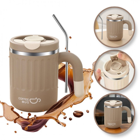 Termohrnek se slámkou 480 ml - hnědý