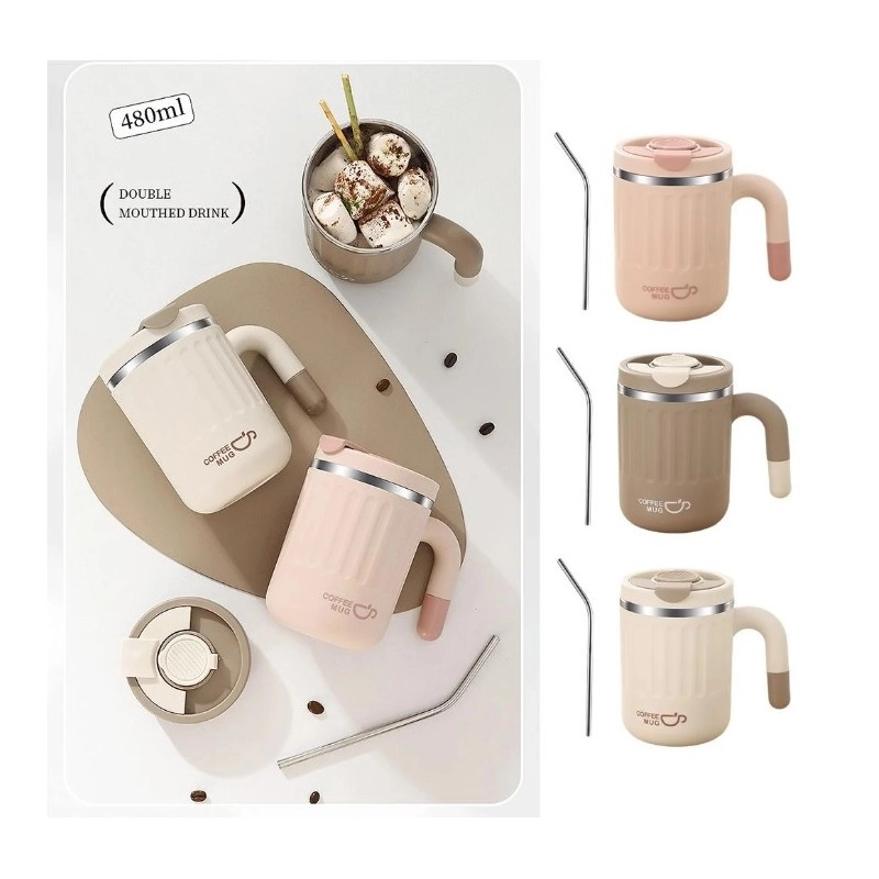 Termohrnček so slamkou 480 ml - hnedý