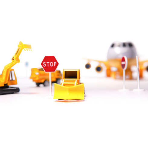 Transportní letadlo + 3 auta stavební vozidla - žlutá