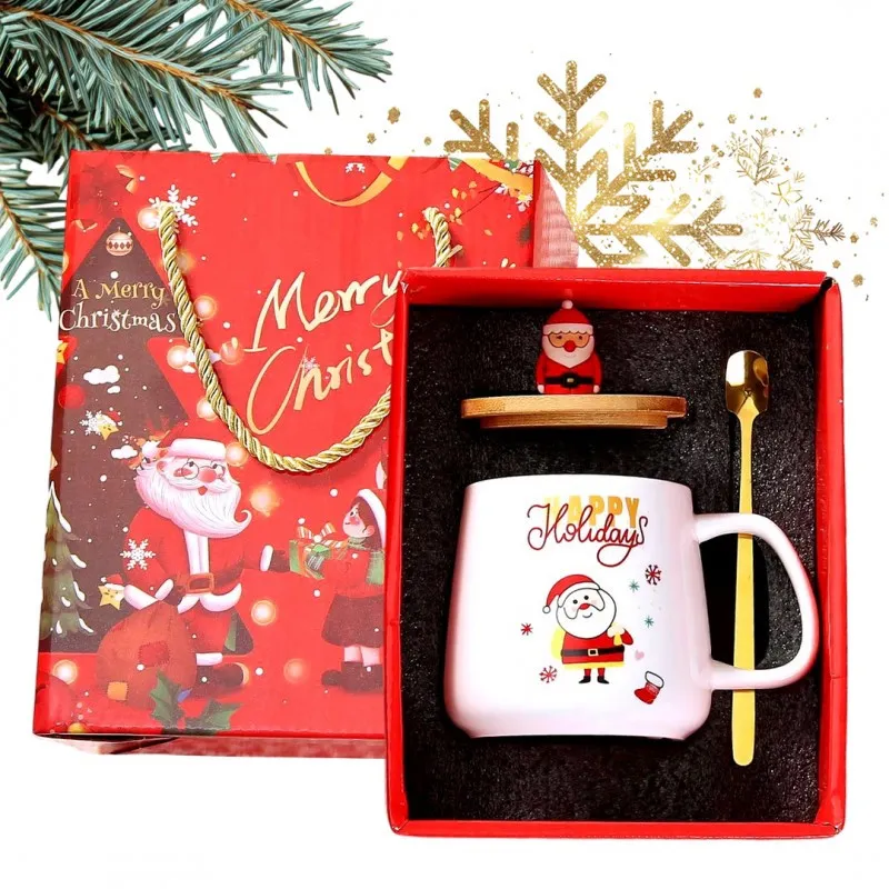 Vianočný hrnček sada s vrchnákom a lyžičkou 225 ml - biely 