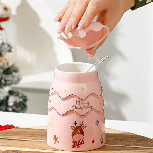 Vánoční hrnek - sada se silikonovým víkem a brčkem, 400ml - růžový