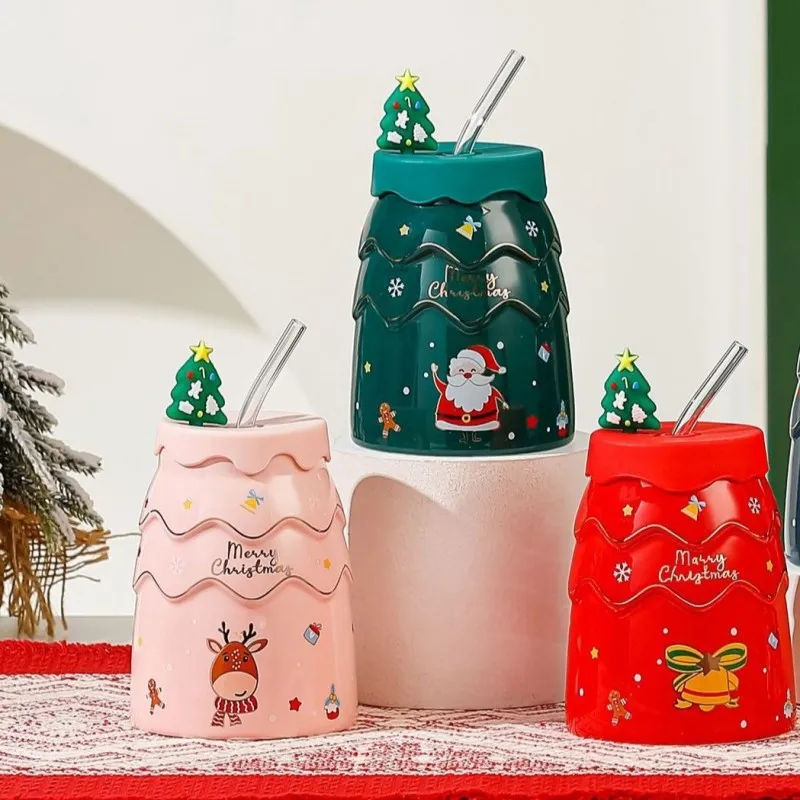 Vianočný hrnček - sada so silikónovým vrchnákom a slamkou, 400ml - ružový