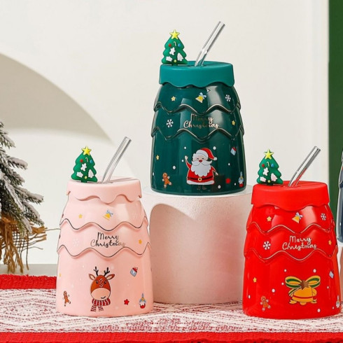 Vánoční hrnek - sada se silikonovým víkem a brčkem, 400ml - růžový