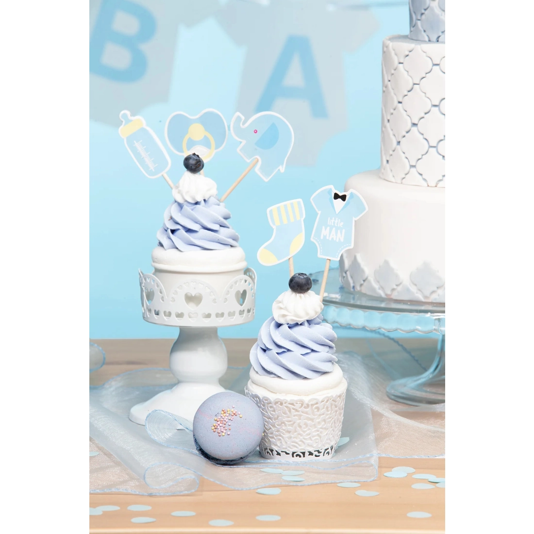 Decor pentru tort Baby Shower cu elefănțel albastru, set 5 buc.