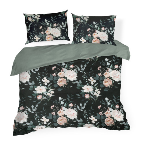 Obliečky 140x200 cm bavlnené renforcé s kvetinovým motívom, čierne a šalviové