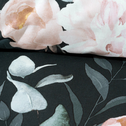 Obliečky 140x200 cm bavlnené renforcé s kvetinovým motívom, čierne a šalviové