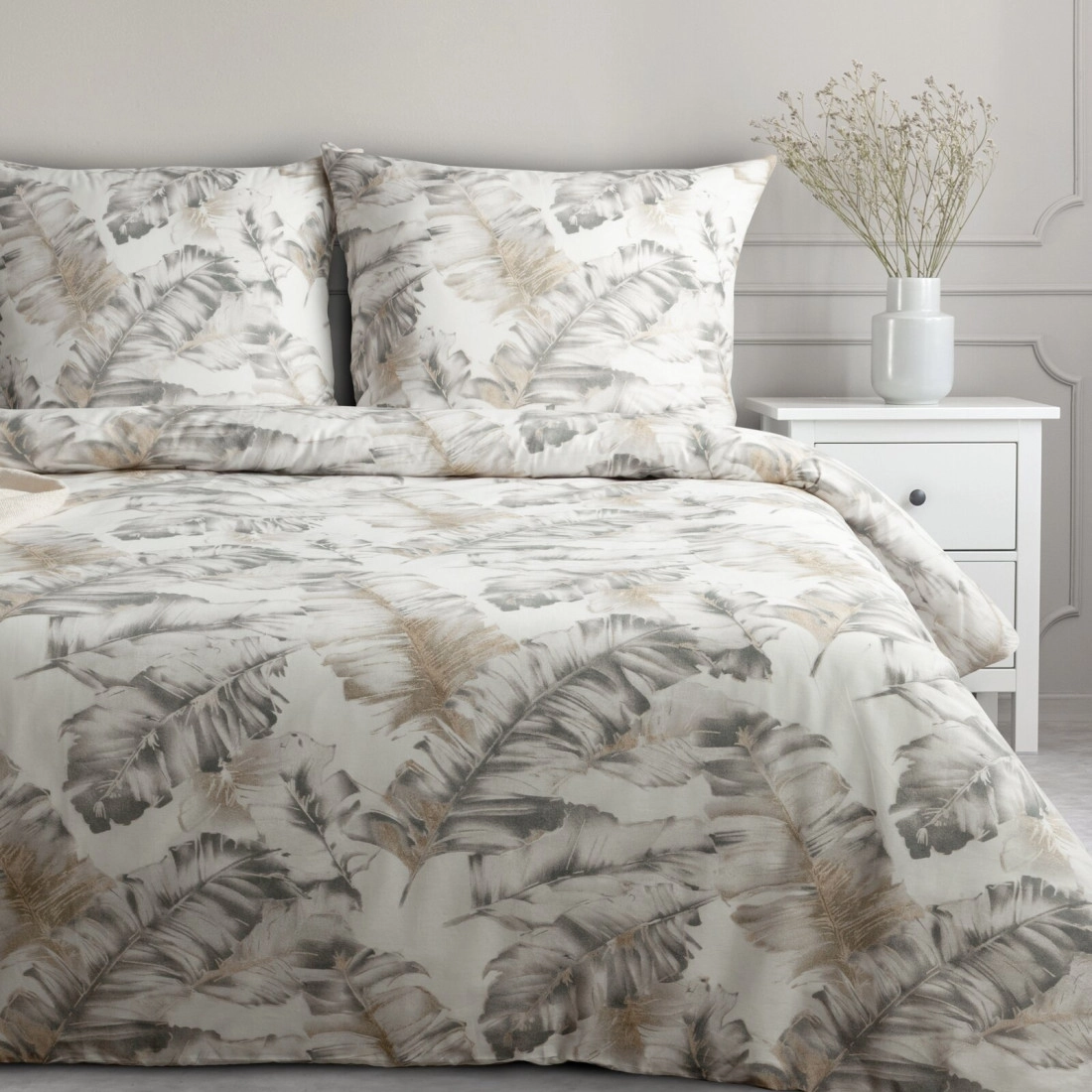 Bavlněné povlečení 140x200 cm s rostlinným vzorem, bílé a ocelové
