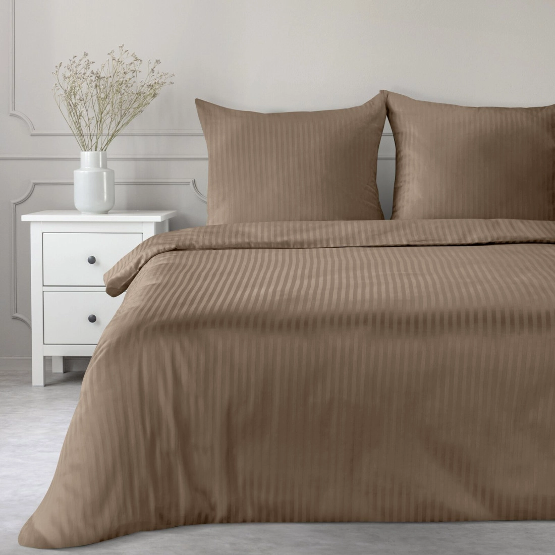 Povlečení 140x200 cm bavlněný satén s pruhovaným vzorem, hnědé