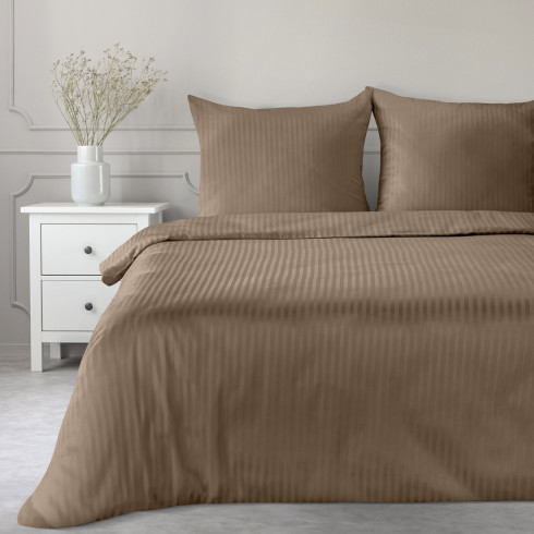 Obliečky 140x200 cm bavlnené saténové s prúžkovaným vzorom, hnedé