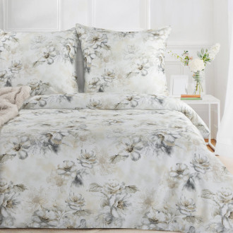 Obliečky 140x200 cm bavlnené saténové s rastlinným vzorom, béžové a sivé