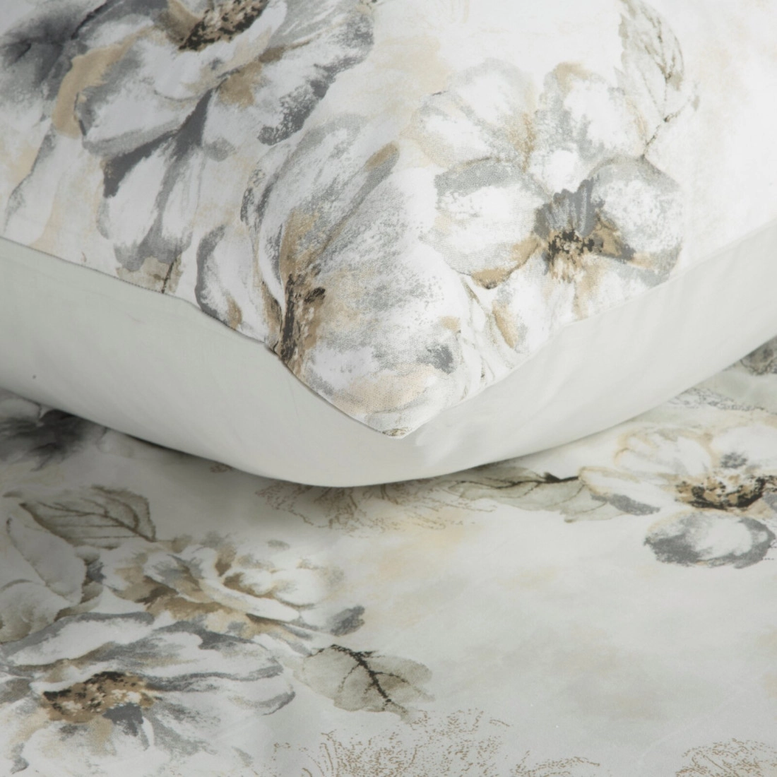 Obliečky 140x200 cm bavlnené saténové s rastlinným vzorom, béžové a sivé