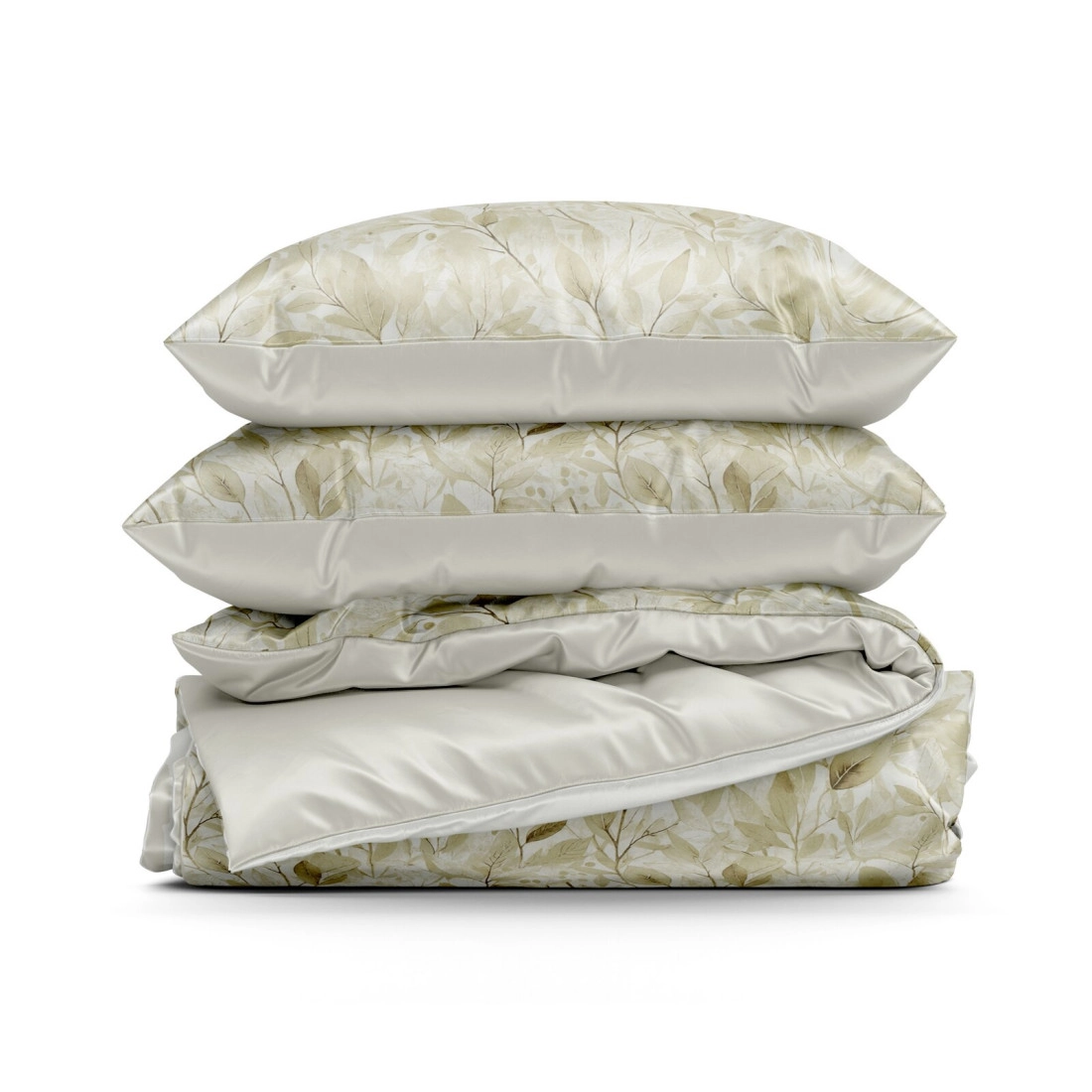 Obliečky 140x200 cm bavlnené saténové s rastlinným vzorom, biele a béžové