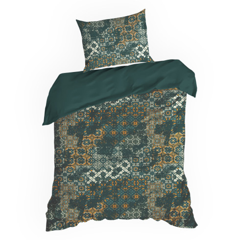 Obliečky 140x200 cm saténové bavlnené s geometrickým vzorom, tmavozelené a zlaté