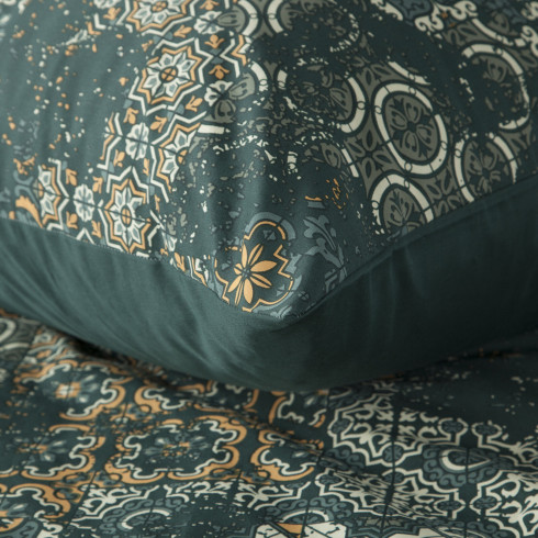 Obliečky 140x200 cm saténové bavlnené s geometrickým vzorom, tmavozelené a zlaté
