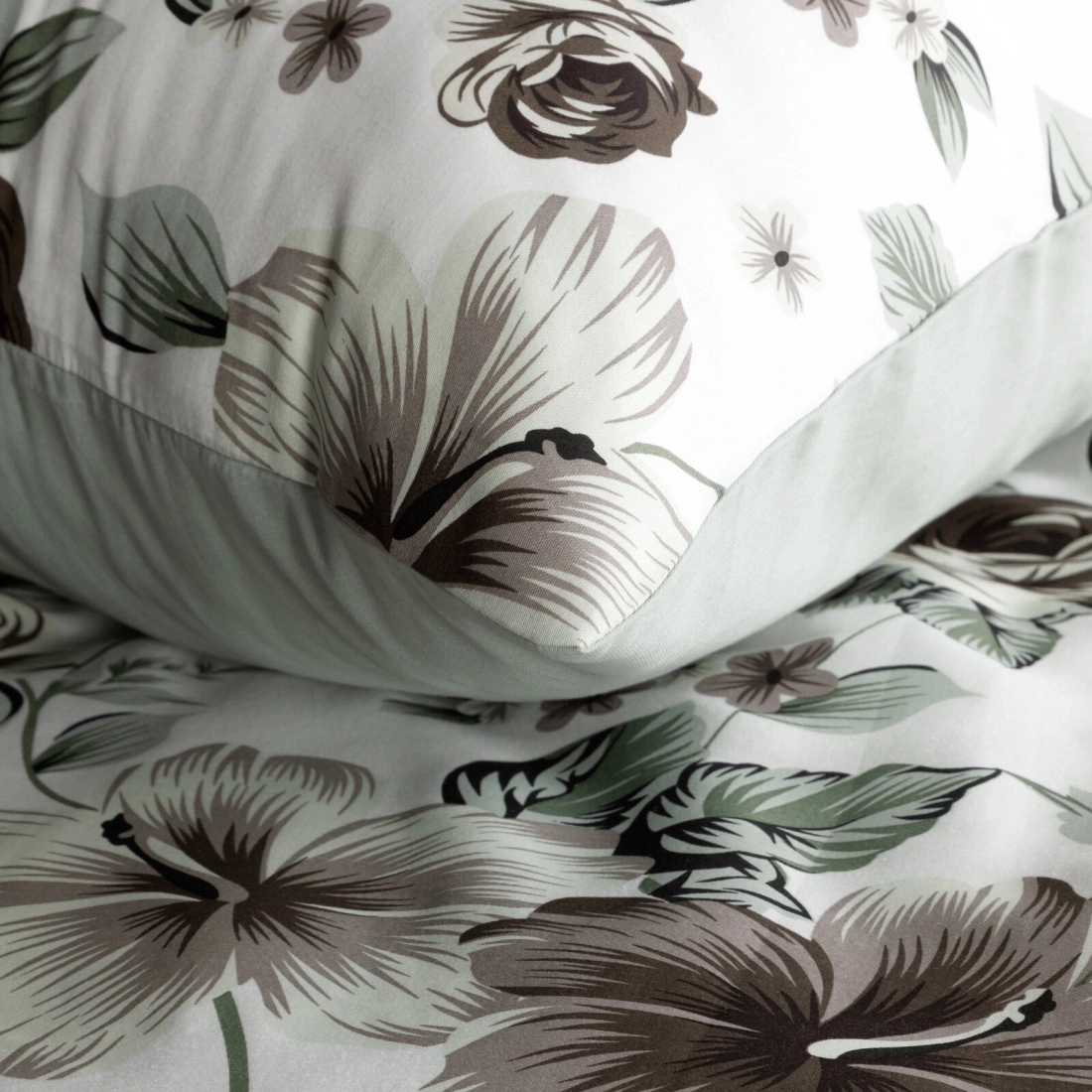 Povlečení 140x200 cm saténové bavlněné s květinovým vzorem, bílé a ocelové