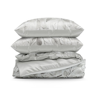 Obliečky 140x200 cm saténové bavlnené s rastlinným vzorom, strieborné a biele