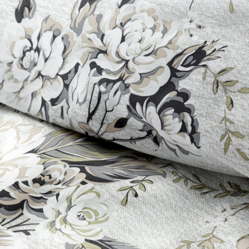 Obliečky 140x200 cm saténové s kvetinovým vzorom, strieborné a olivové