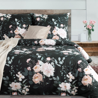 Obliečky 160x200 cm bavlnené renforcé s kvetinovým motívom, čierne a šalviové