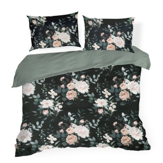 Obliečky 160x200 cm bavlnené renforcé s kvetinovým motívom, čierne a šalviové