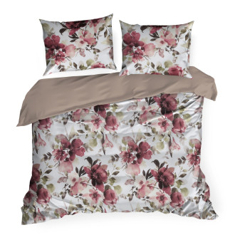 Obliečky 160x200 cm bavlnené saténové kvetované, biele a bordové
