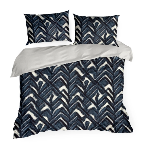 Obliečky 160x200 cm bavlnené saténové s geometrickým vzorom, tmavomodré a béžové