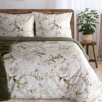 Obliečky 160x200 cm bavlnené saténové s kvetinovým motívom béžové a zelené