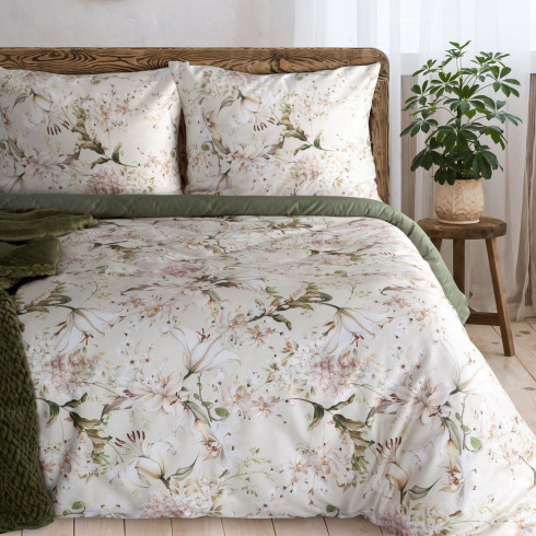 Obliečky 160x200 cm bavlnené saténové s kvetinovým motívom béžové a zelené