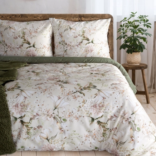 Povlečení 160x200 cm z bavlněného saténu s květinovým motivem béžové a zelené