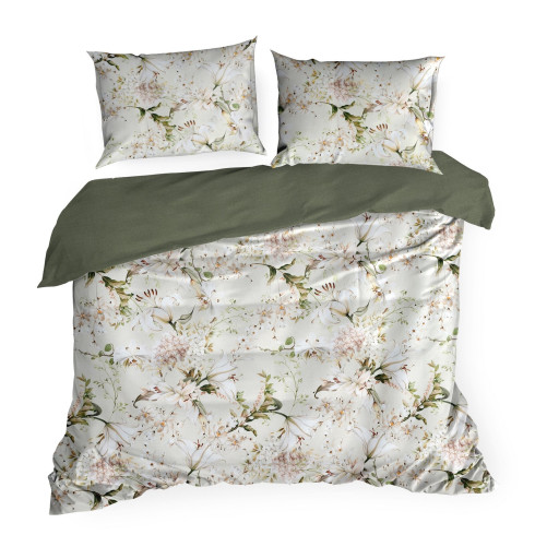 Obliečky 160x200 cm bavlnené saténové s kvetinovým motívom béžové a zelené
