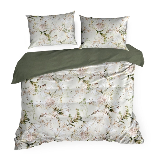 Povlečení 160x200 cm z bavlněného saténu s květinovým motivem béžové a zelené