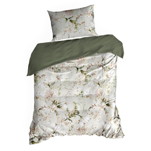 Obliečky 160x200 cm bavlnené saténové s kvetinovým motívom béžové a zelené