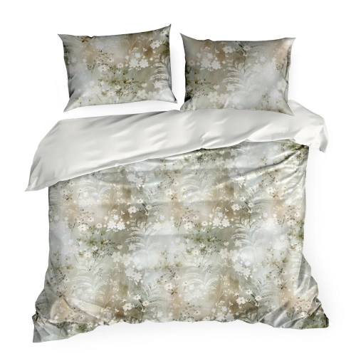 Obliečky 160x200 cm bavlnené saténové s kvetinovým motívom, olivové a biele
