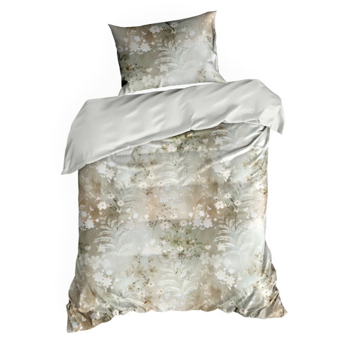Obliečky 160x200 cm bavlnené saténové s kvetinovým motívom, olivové a biele