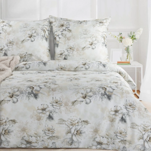Povlečení 160x200 cm z bavlněného saténu s květinovým vzorem, béžové a šedé