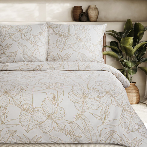 Povlečení 160x200 cm bavlněné a saténové rostlinné šedobéžové