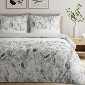 Obliečky 160x200 cm bavlnené saténové s rastlinným vzorom, strieborné a biele