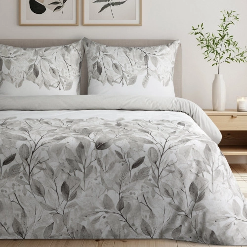 Obliečky 160x200 cm bavlnené saténové s rastlinným vzorom, strieborné a biele