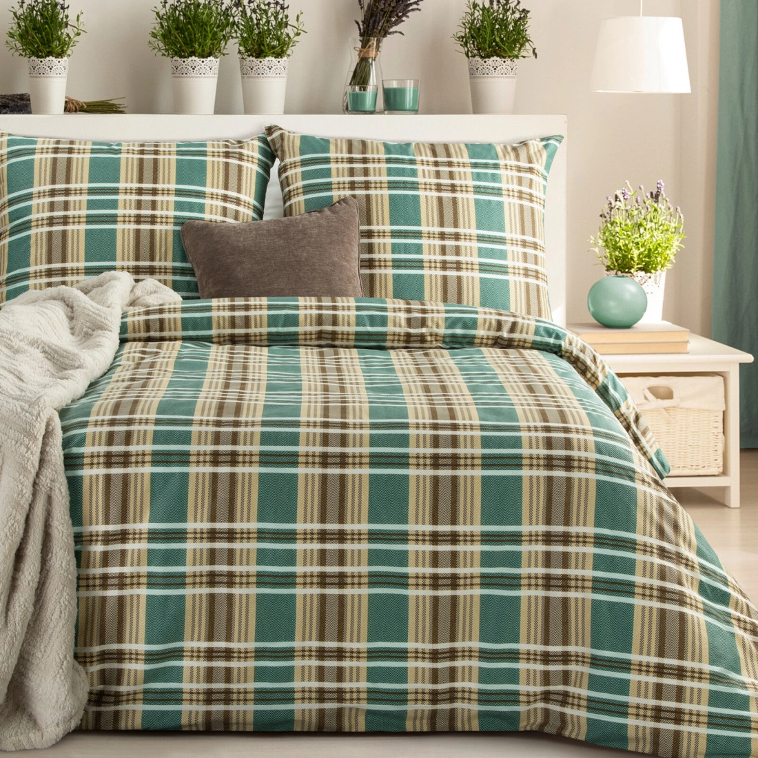 Povlečení 160x200 cm bavlněný satén kostkované, hnědé a zelené