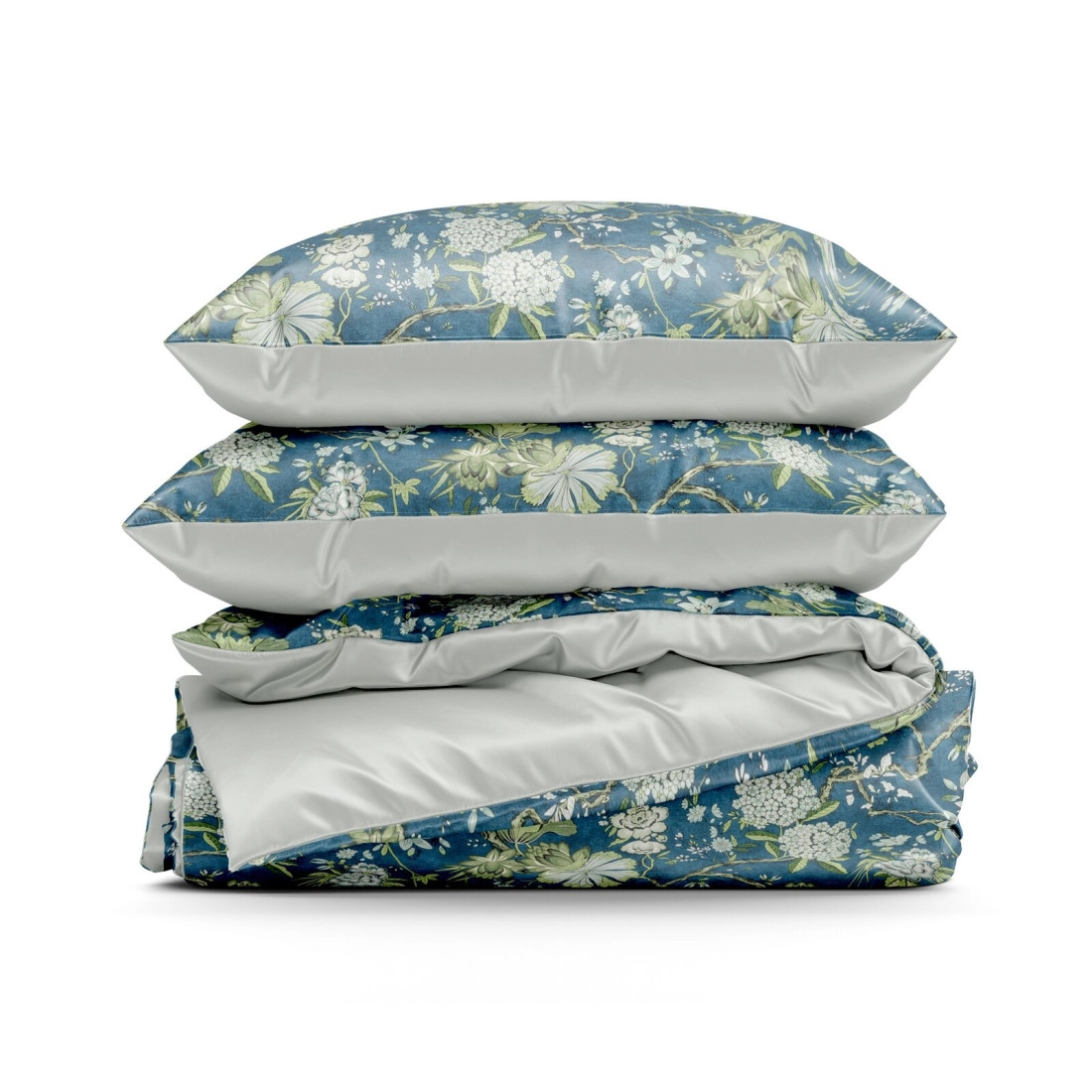 Povlečení 160x200 cm saténové bavlněné s květinovým vzorem, modré a mentolové