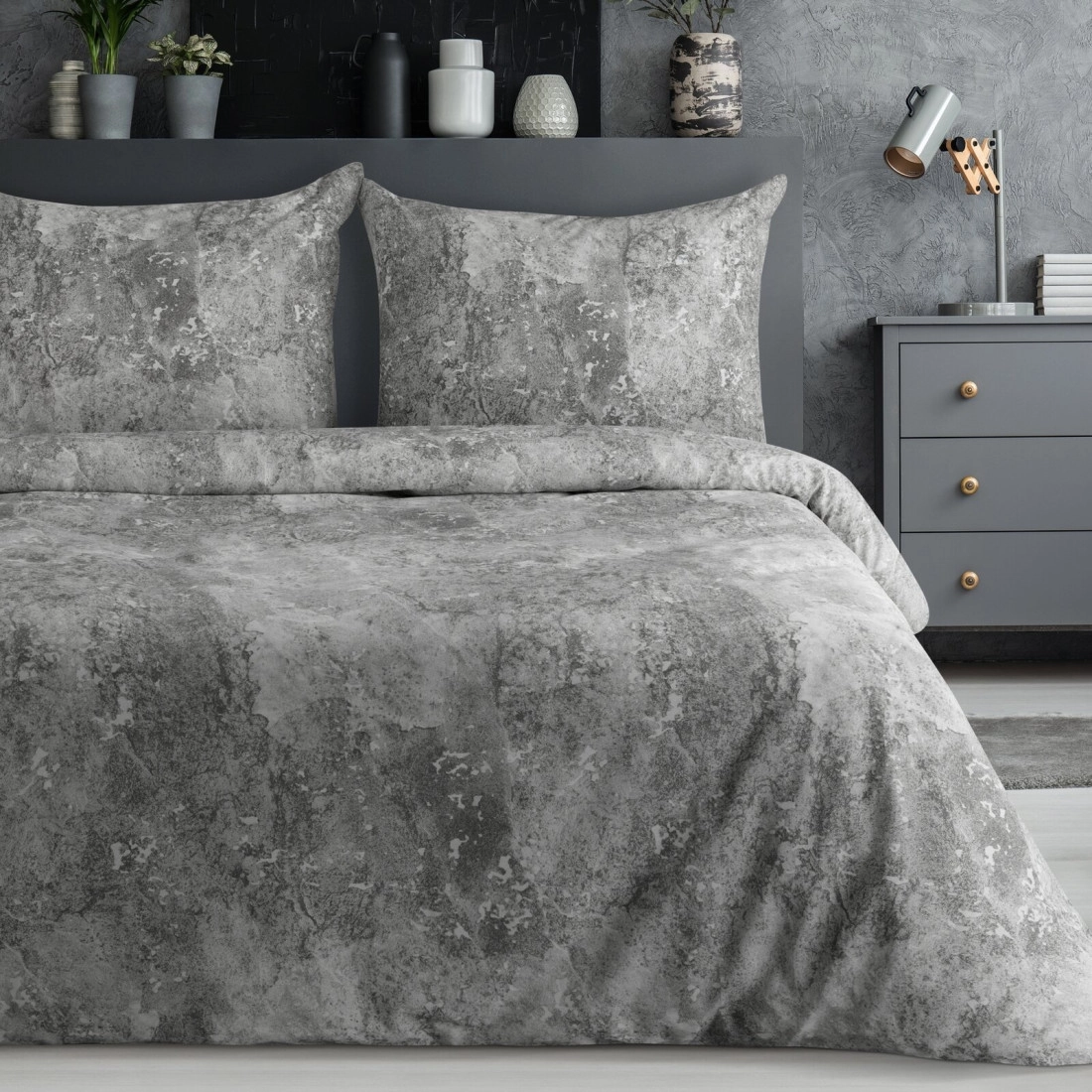 Saténové bavlněné povlečení 160x200 cm s mramorovým motivem, stříbrné a ocelové