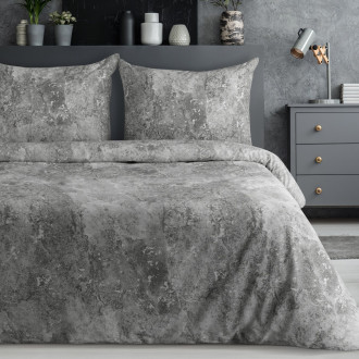 Obliečky 160x200 cm saténové bavlnené s mramorovým motívom, strieborné a oceľové