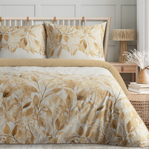 Obliečky 160x200 cm saténové bavlnené s rastlinným vzorom, oranžové a hnedé